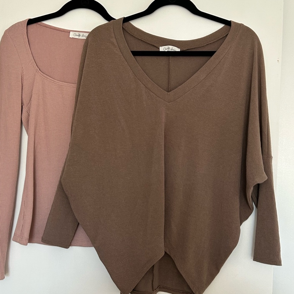 Charlotte Avery boxy brown sweater and rose colored Henley set. Must go!